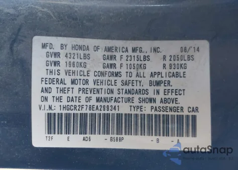 2014 Honda Accord Ex z USA, uszkodzony, nr VIN 1HGCR2F78EA299341